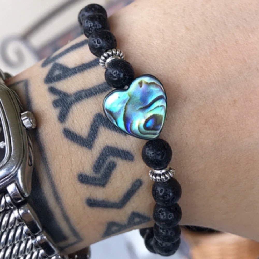 Genuine abalone heart design with black lava rock beads oil diffuser bracelet